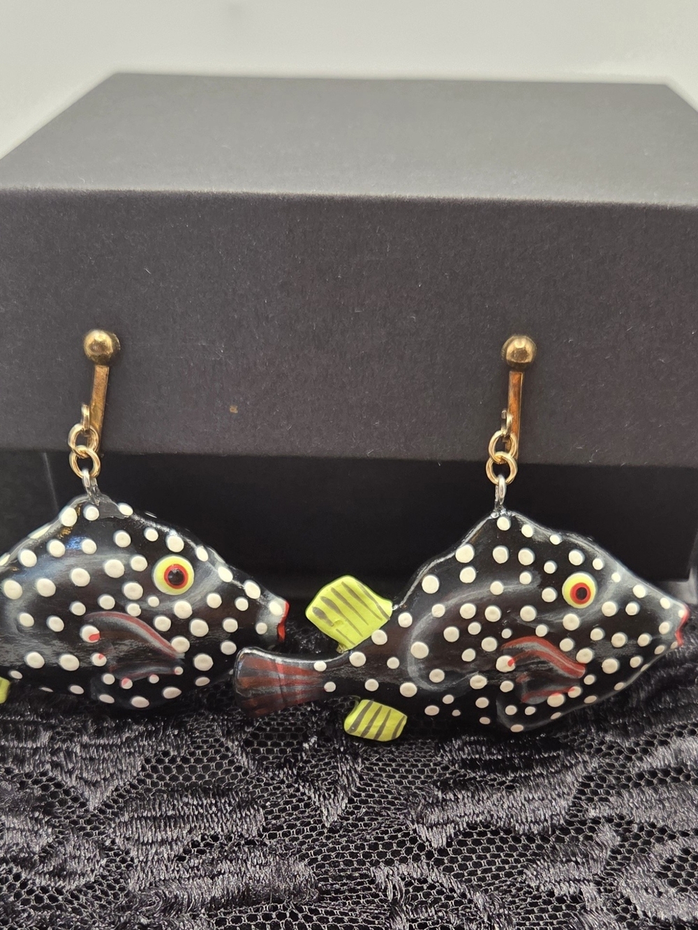 Vintage Painted Wood Clown Fish Dangle Clip-On Earrings
